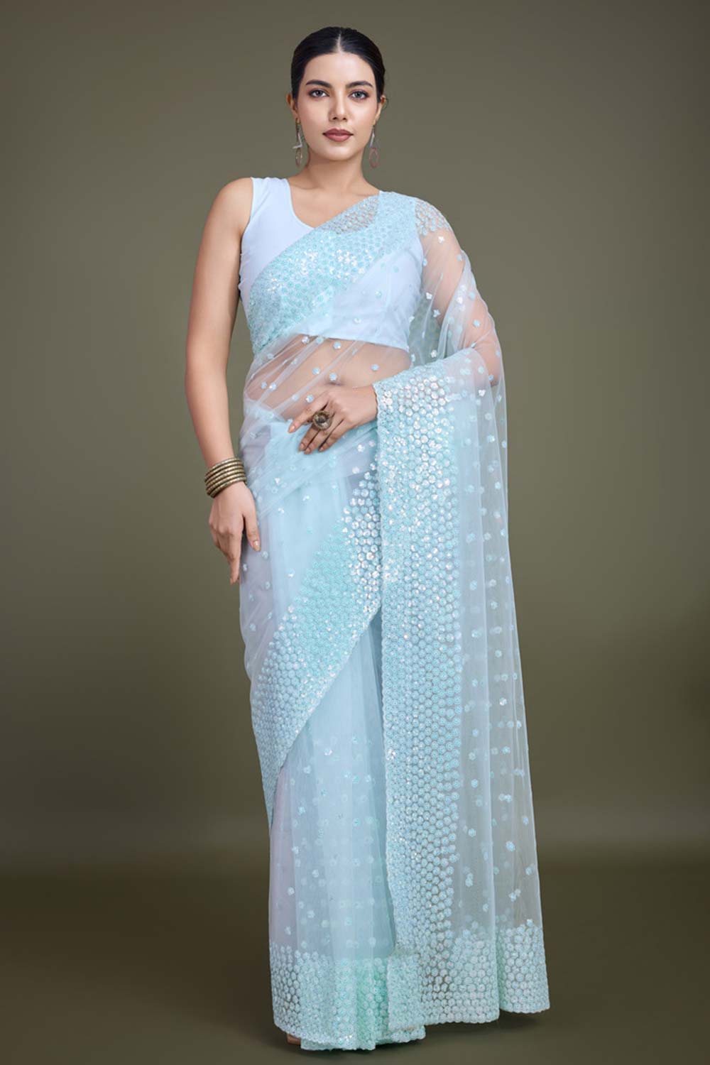 Light Sky Blue Soft Net Saree with Sequin Embellished Border and Pallu