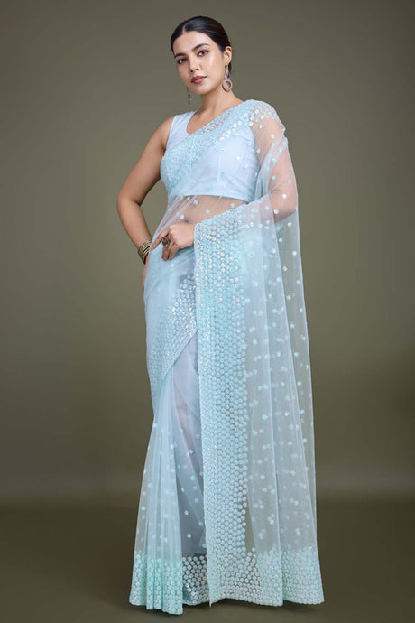 Light Sky Blue Soft Net Saree with Sequin Embellished Border and Pallu