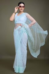 Light Sky Blue Soft Net Saree with Sequin Embellished Border and Pallu