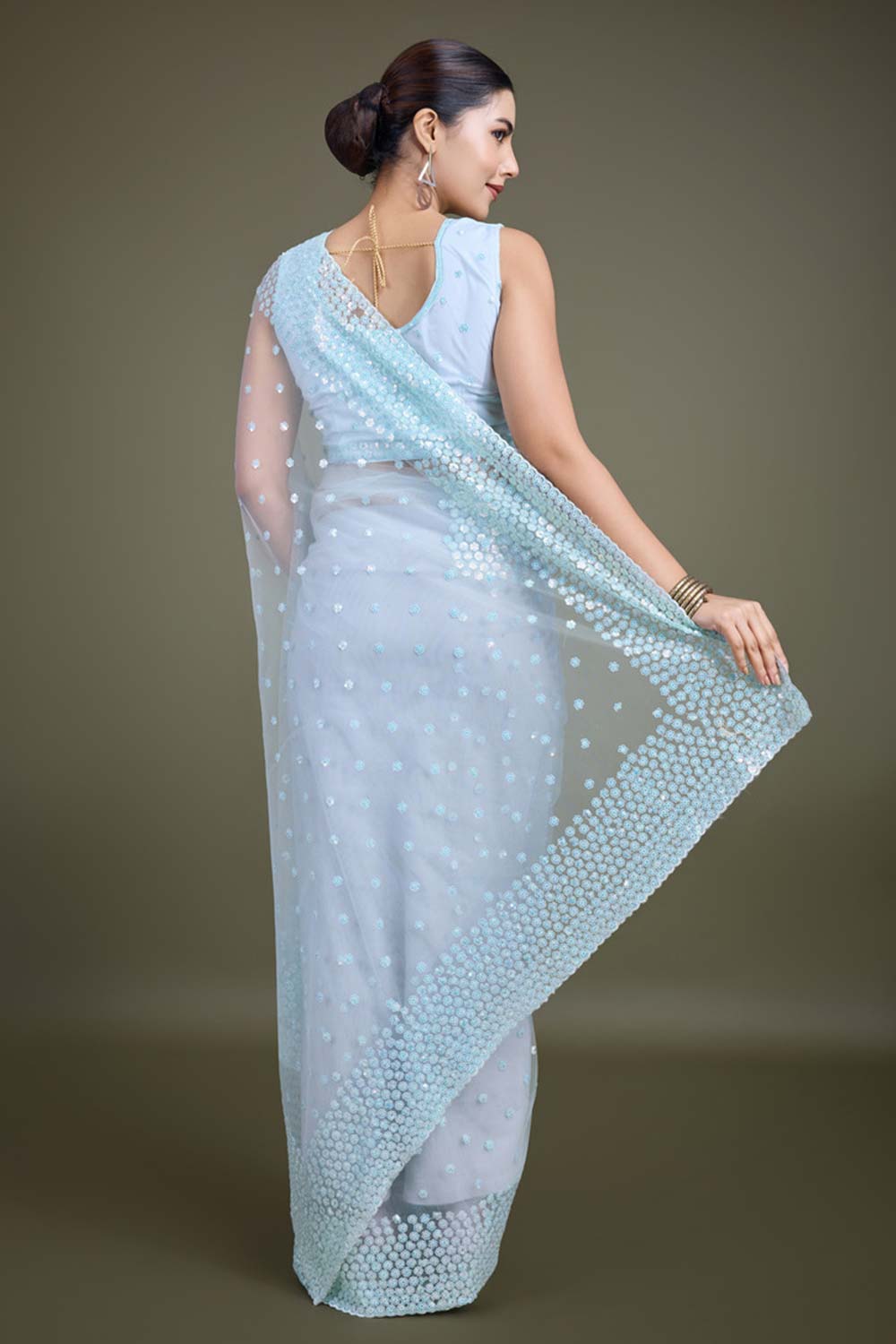 Light Sky Blue Soft Net Saree with Sequin Embellished Border and Pallu