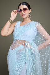 Light Sky Blue Soft Net Saree with Sequin Embellished Border and Pallu