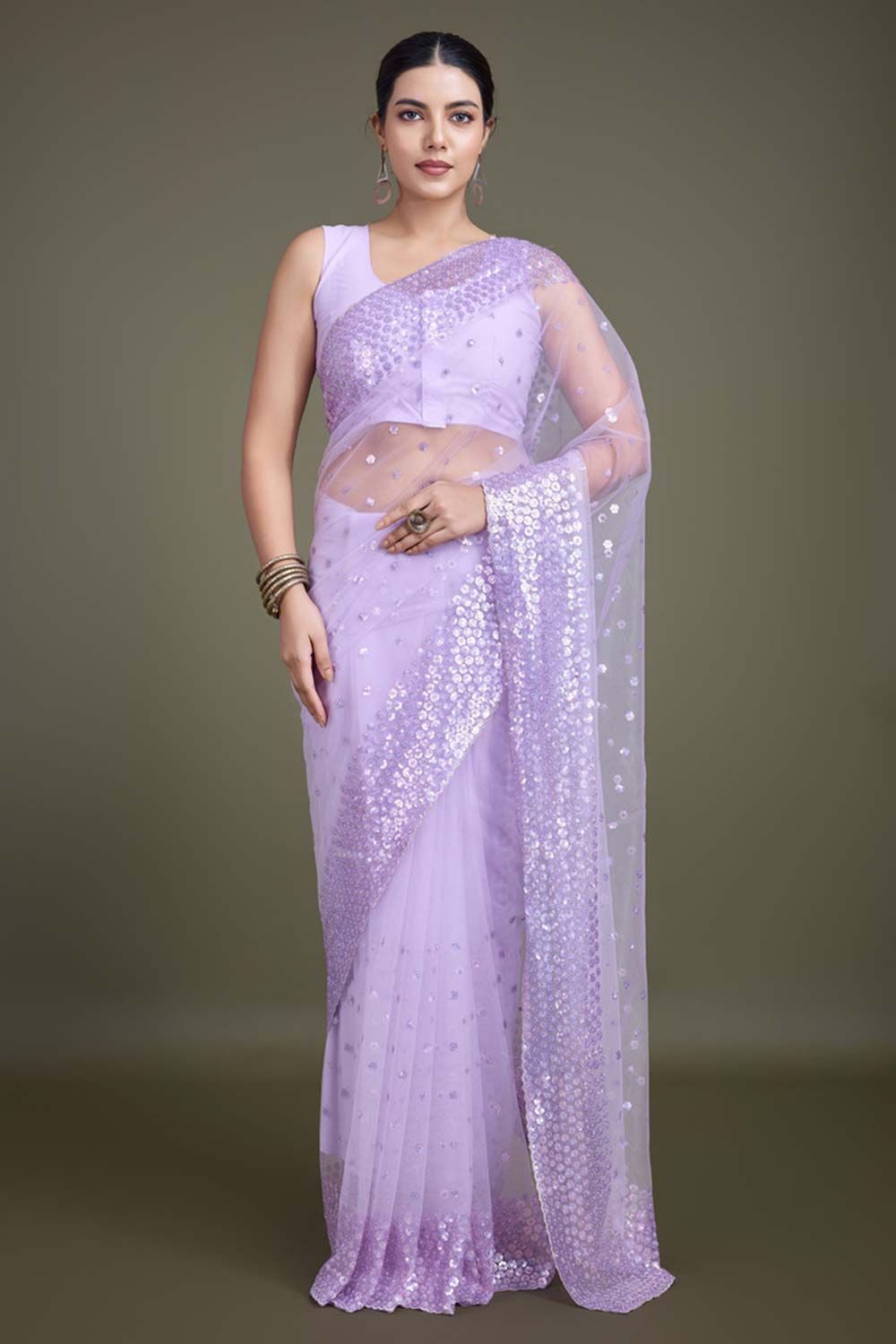 Lavender Soft Net Saree with Sequin Embellished Border and Pallu