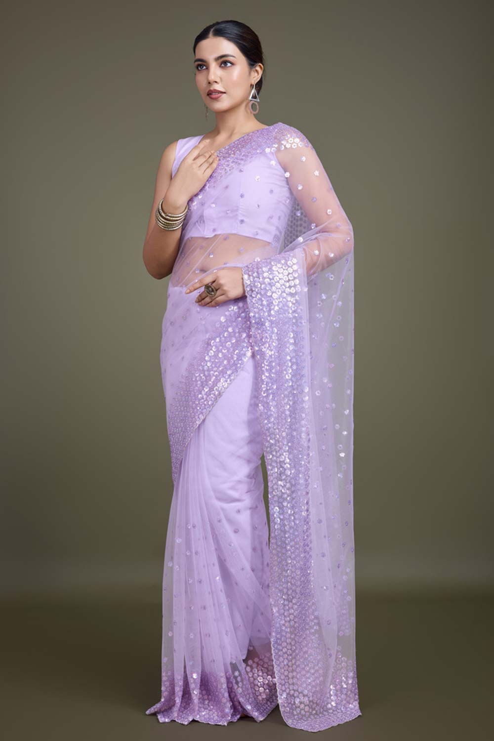 Lavender Soft Net Saree with Sequin Embellished Border and Pallu