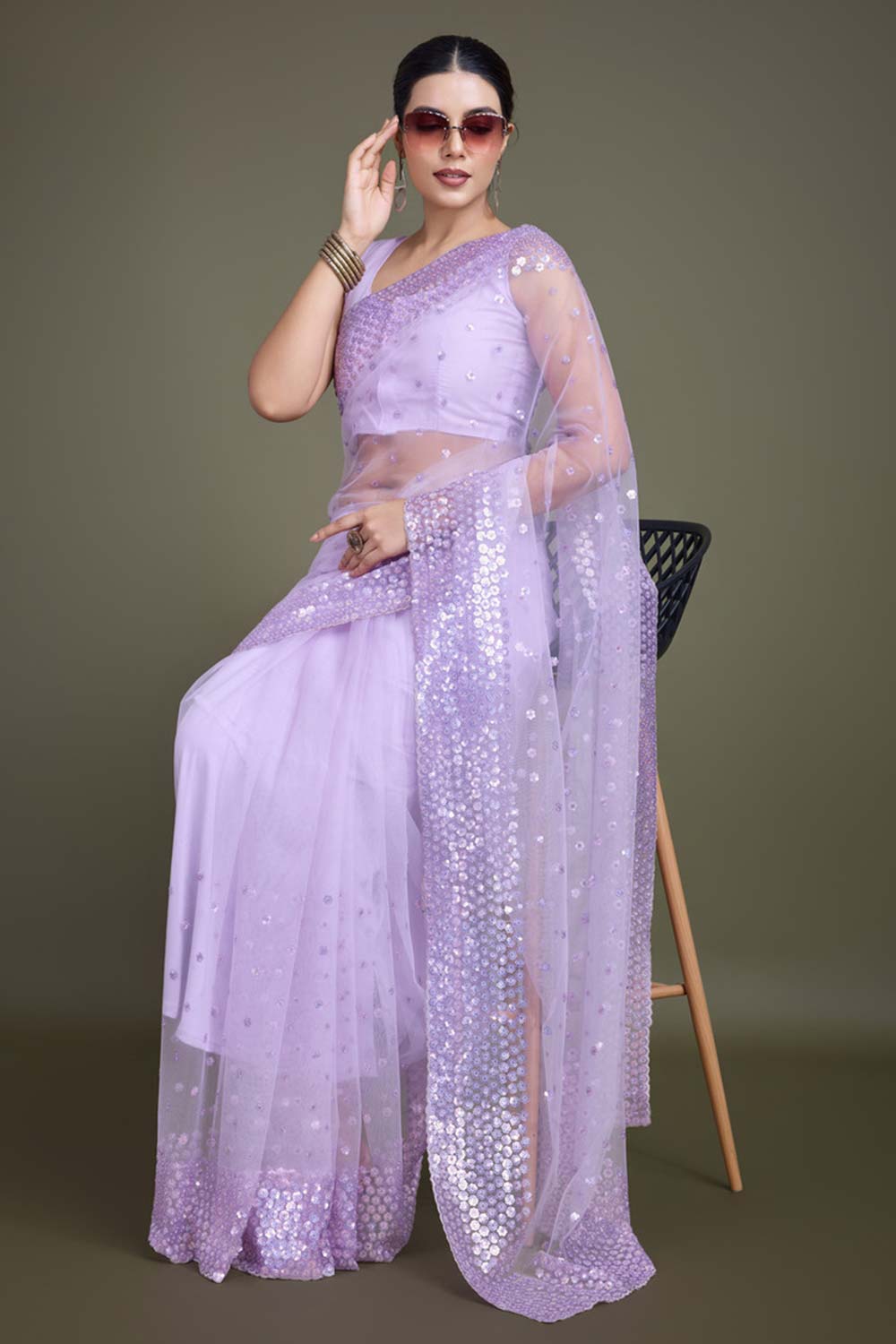 Lavender Soft Net Saree with Sequin Embellished Border and Pallu