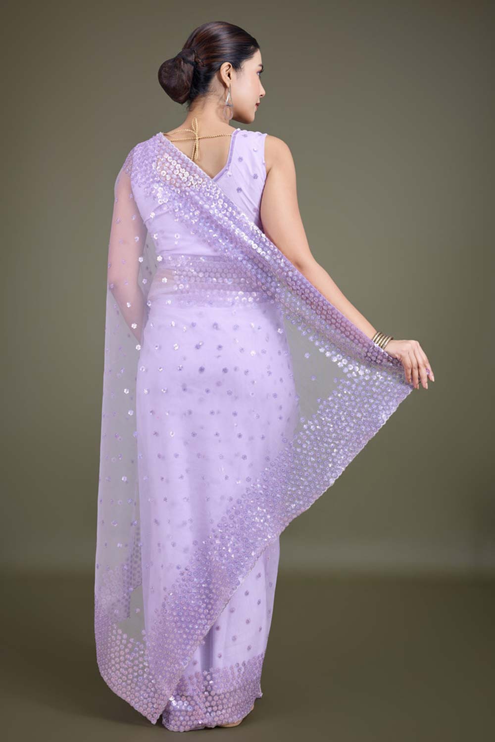 Lavender Soft Net Saree with Sequin Embellished Border and Pallu