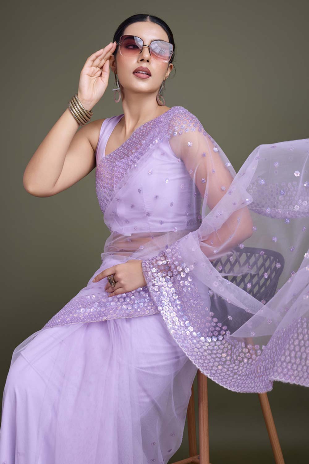 Lavender Soft Net Saree with Sequin Embellished Border and Pallu