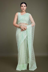 Light Green Soft Net Saree with Sequin Embellished Border and Pallu