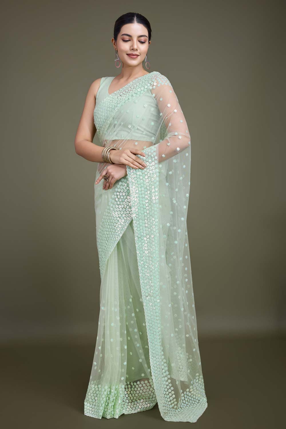 Light Green Soft Net Saree with Sequin Embellished Border and Pallu