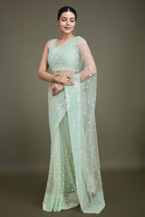 Light Green Soft Net Saree with Sequin Embellished Border and Pallu