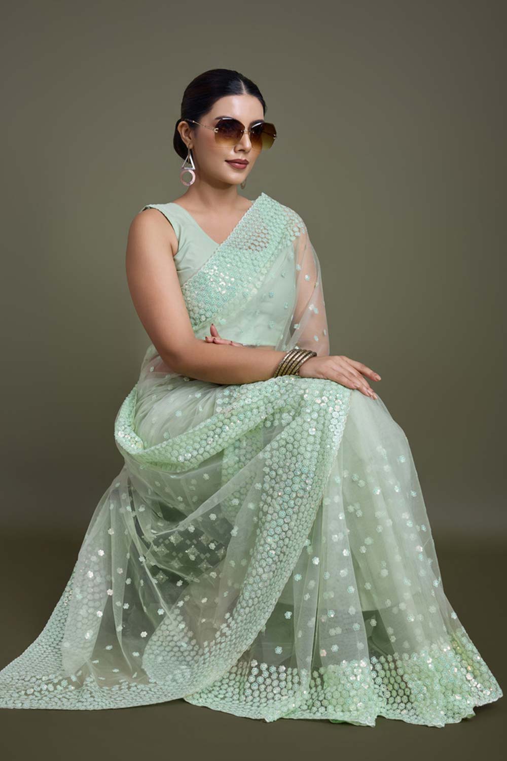 Light Green Soft Net Saree with Sequin Embellished Border and Pallu