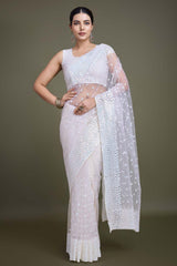 White Soft Net Saree with Sequin Embellished Border and Pallu