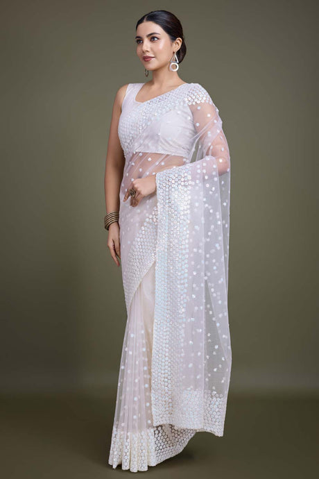 White Soft Net Saree with Sequin Embellished Border and Pallu