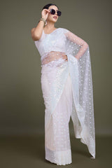 White Soft Net Saree with Sequin Embellished Border and Pallu