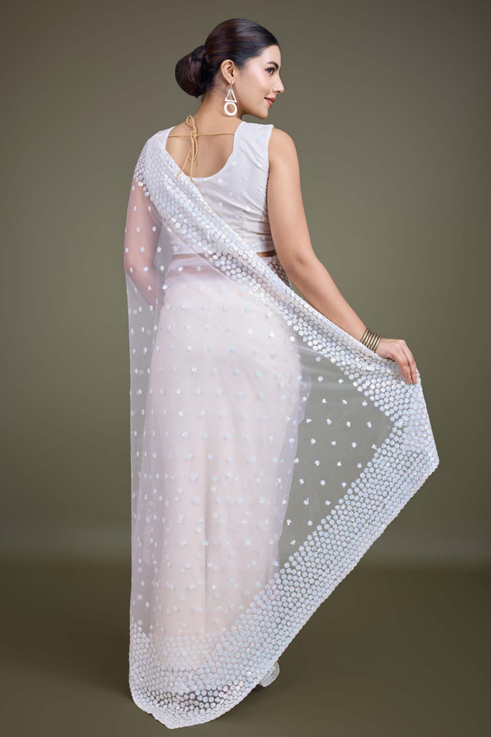 White Soft Net Saree with Sequin Embellished Border and Pallu