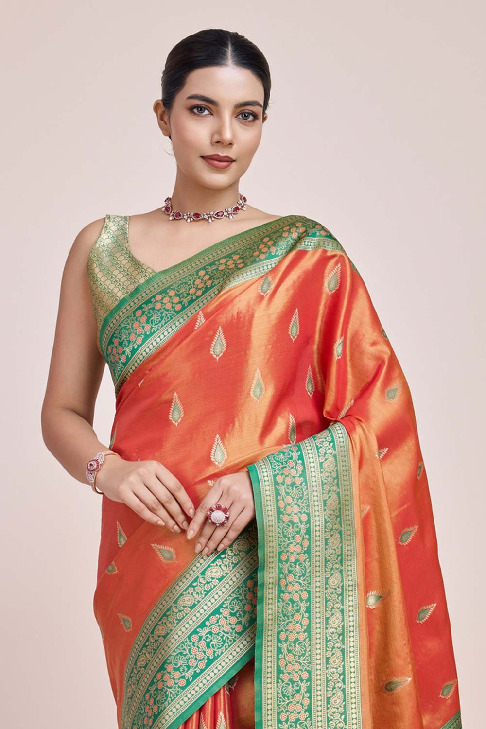 Zari Woven Banarasi Tissue Silk Orange Saree