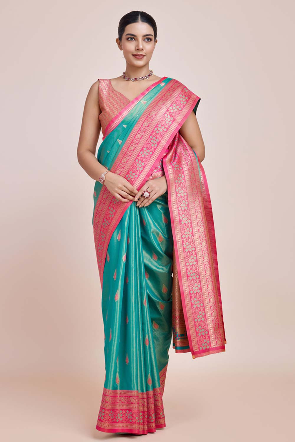 Zari Woven Banarasi Tissue Silk Turquoise Saree