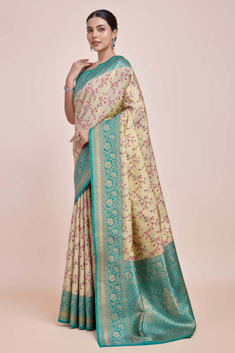 Cream Banarasi Tissue Silk Saree With Zari Woven Work