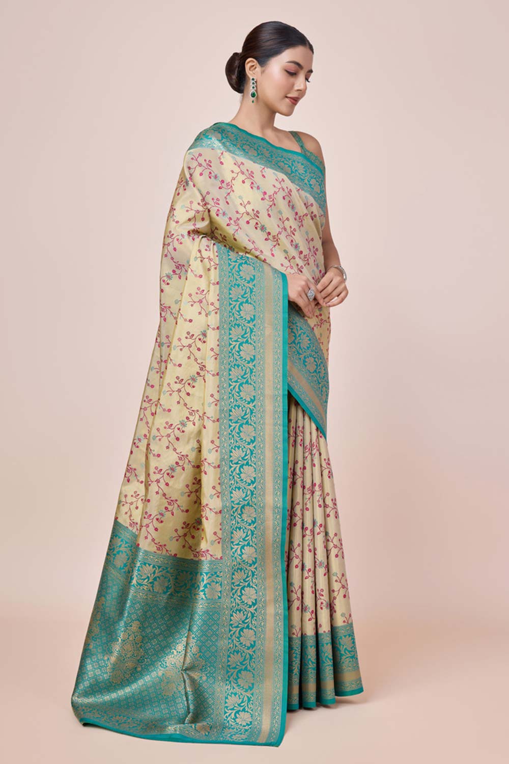 Cream Banarasi Tissue Silk Saree With Zari Woven Work