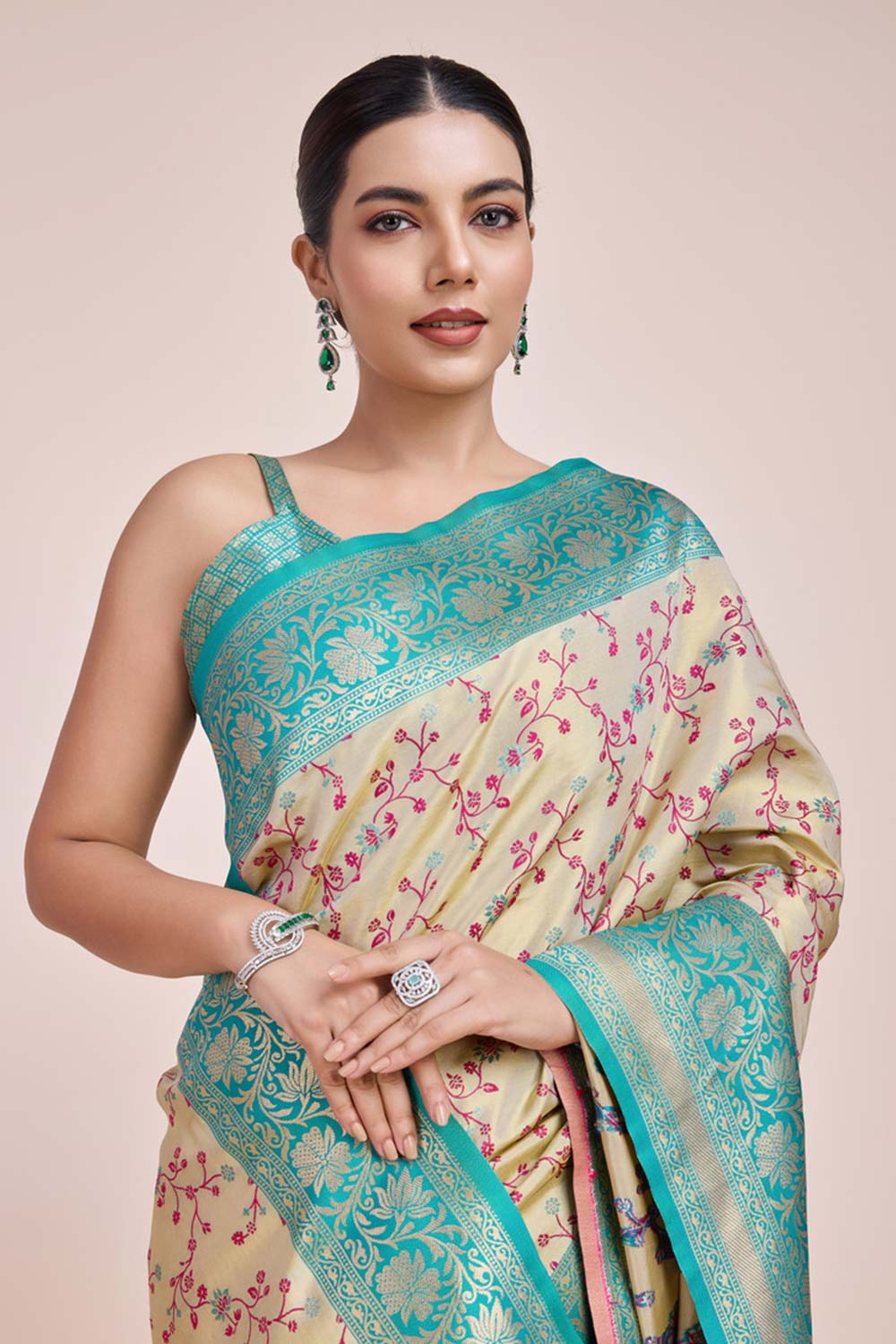 Cream Banarasi Tissue Silk Saree With Zari Woven Work