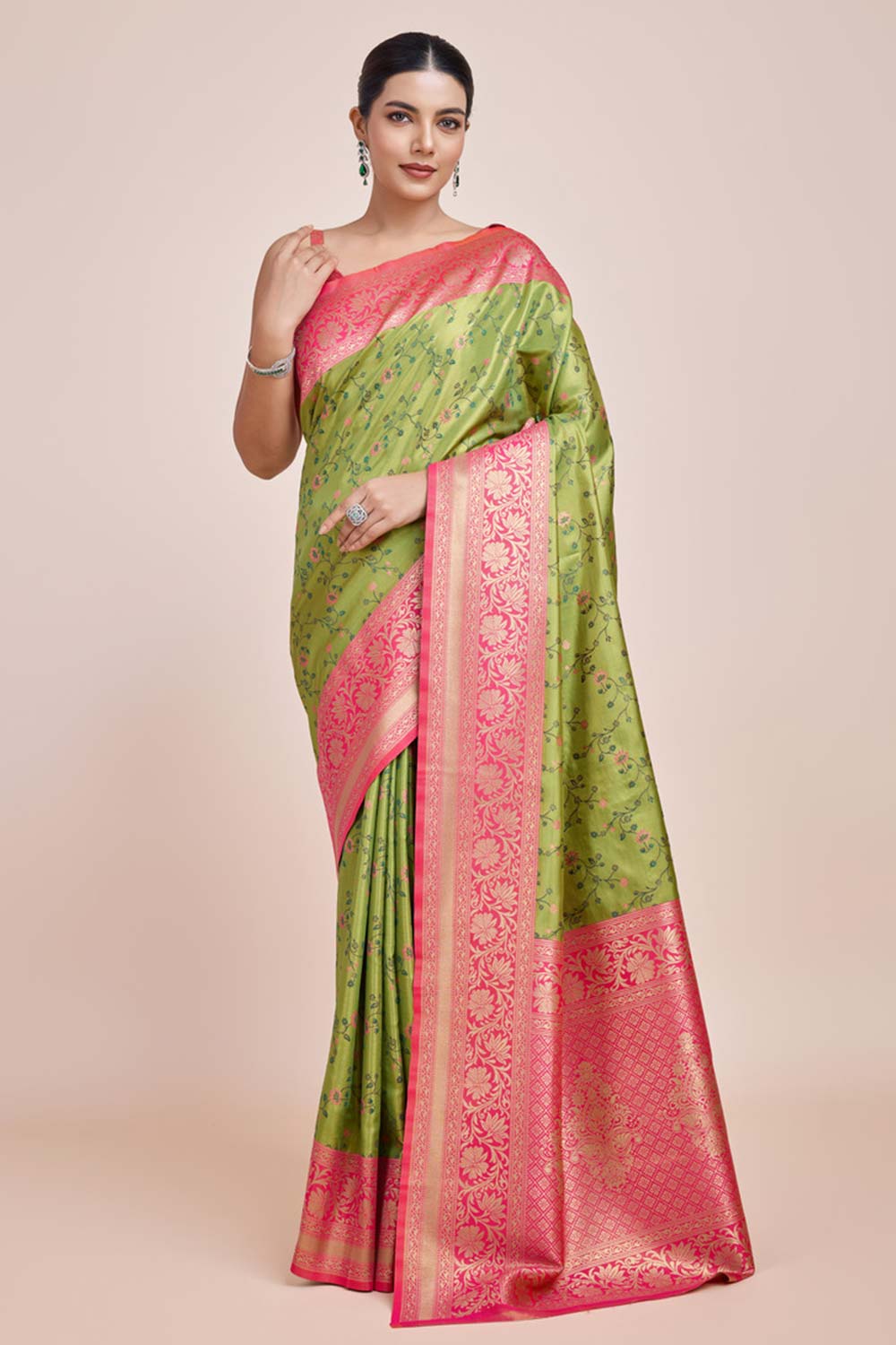 Parrot Green Banarasi Tissue Silk Saree With Zari Woven Work