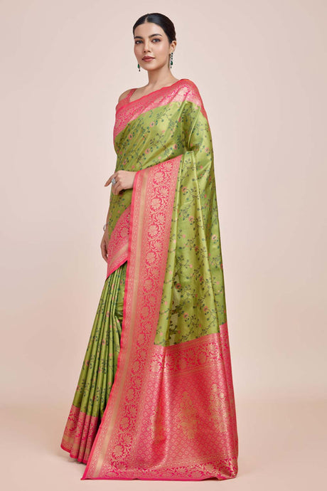 Parrot Green Banarasi Tissue Silk Saree With Zari Woven Work