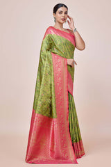 Parrot Green Banarasi Tissue Silk Saree With Zari Woven Work