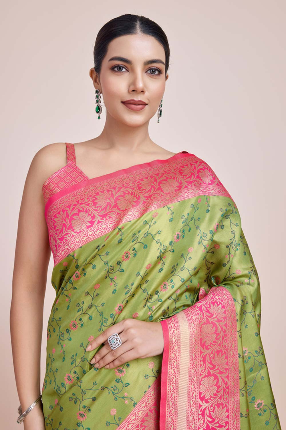 Parrot Green Banarasi Tissue Silk Saree With Zari Woven Work