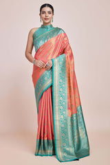 Peach Banarasi Tissue Silk Saree With Zari Woven Work