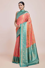 Peach Banarasi Tissue Silk Saree With Zari Woven Work