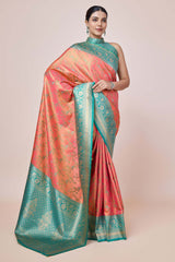 Peach Banarasi Tissue Silk Saree With Zari Woven Work