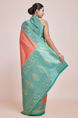 Peach Banarasi Tissue Silk Saree With Zari Woven Work