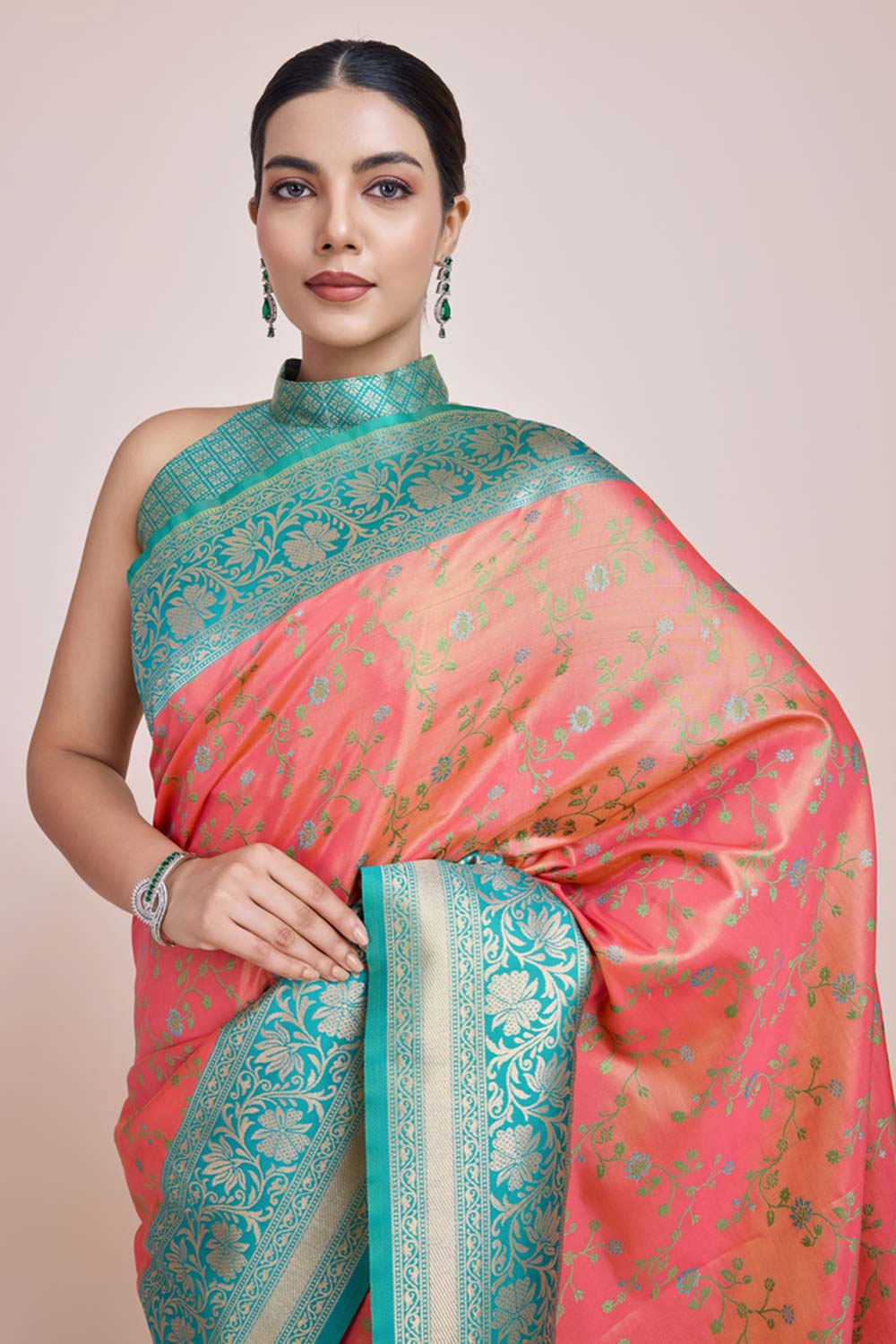 Peach Banarasi Tissue Silk Saree With Zari Woven Work