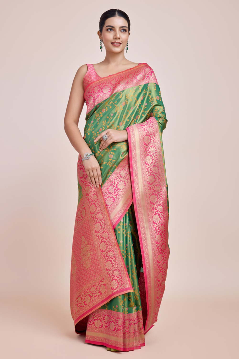 Green Banarasi Tissue Silk Saree With Zari Woven Work