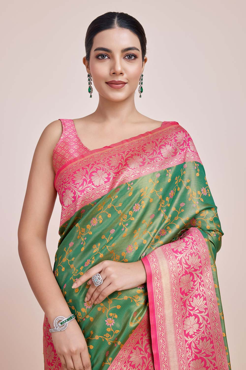 Green Banarasi Tissue Silk Saree With Zari Woven Work