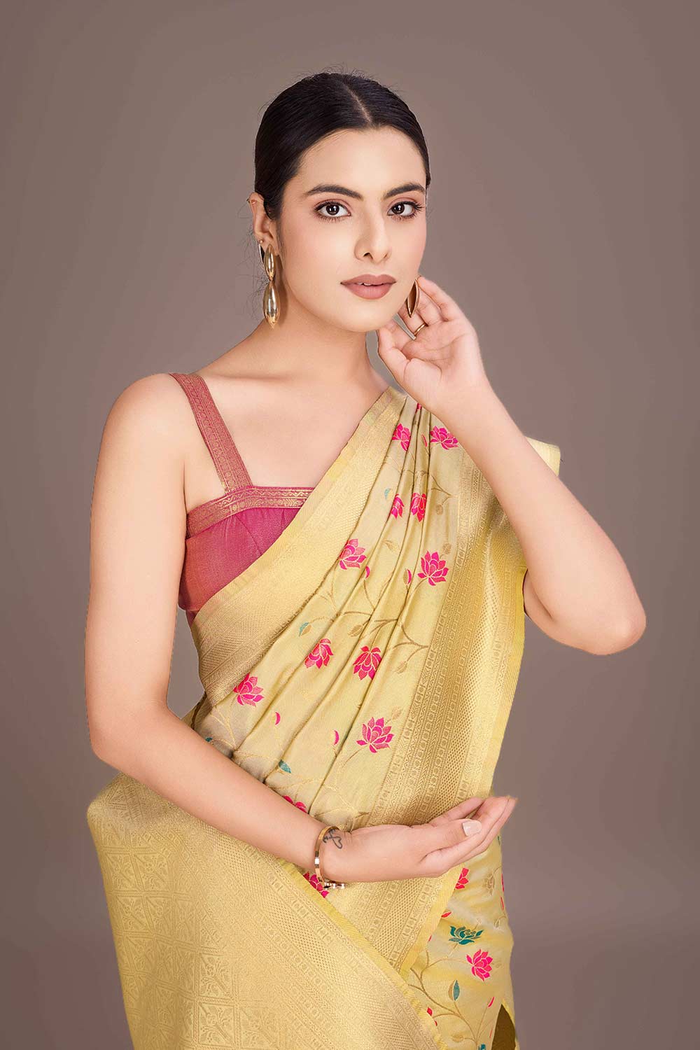 Cream Rich Look Banarasi Tissue Silk Saree