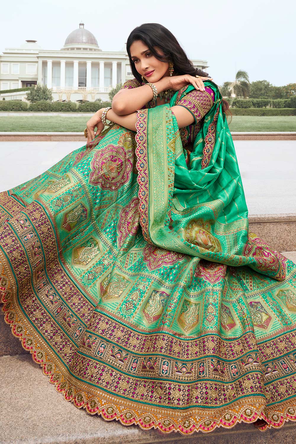 Green Banarasi Silk Zarkan Codding Work Lehenga Choli Set