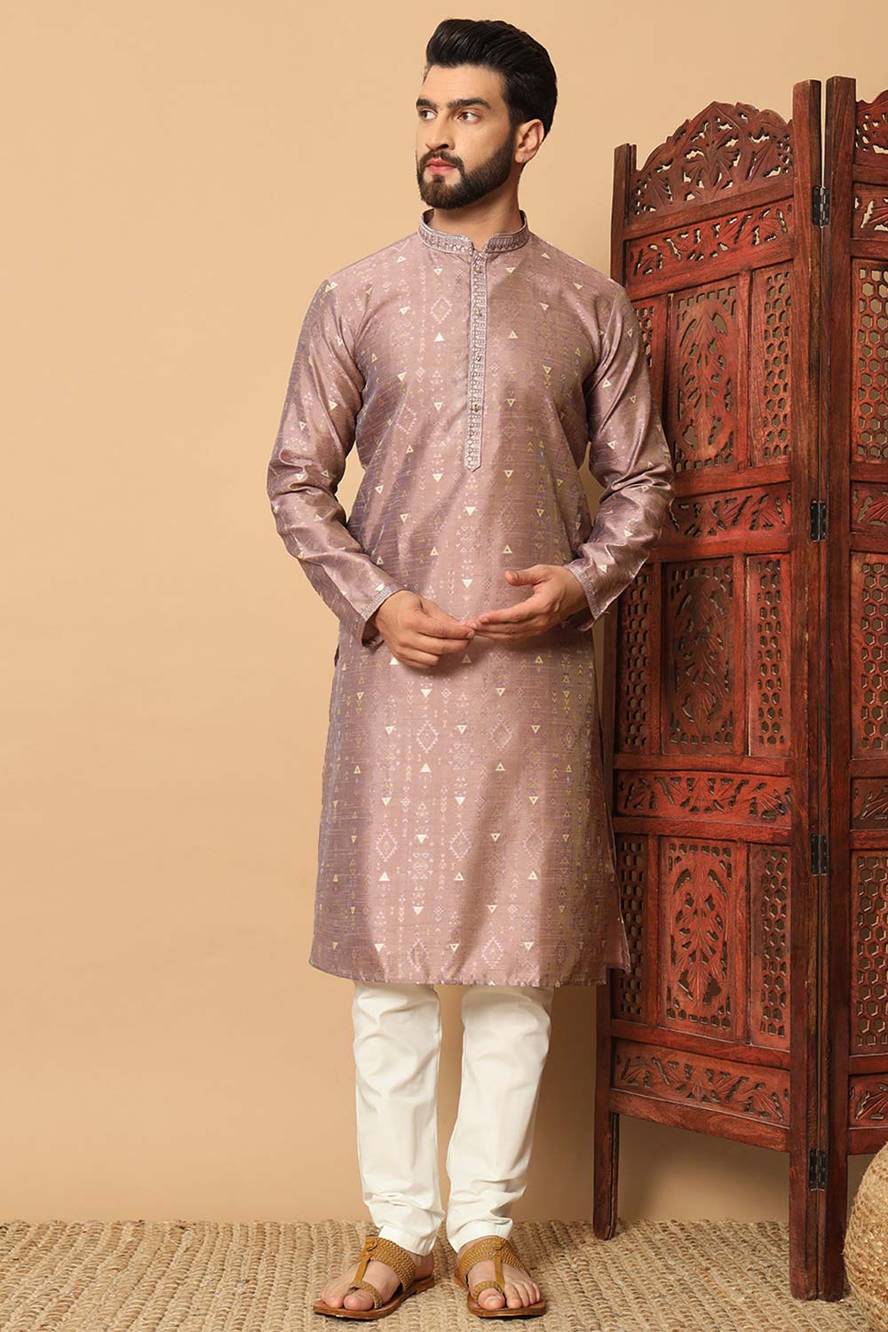 Men's Purple Silk Embroidered Kurta Pajama