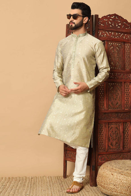 Men's Gold Silk Embroidered Kurta Pajama