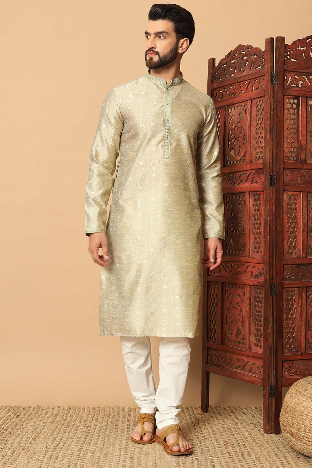 Men's Gold Silk Embroidered Kurta Pajama