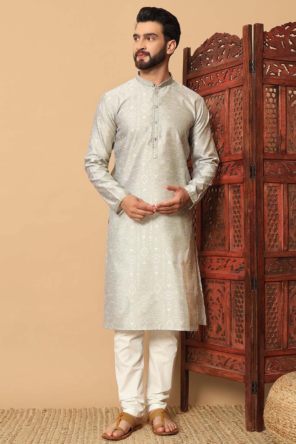 Men's Silver Silk Embroidered Kurta Pajama