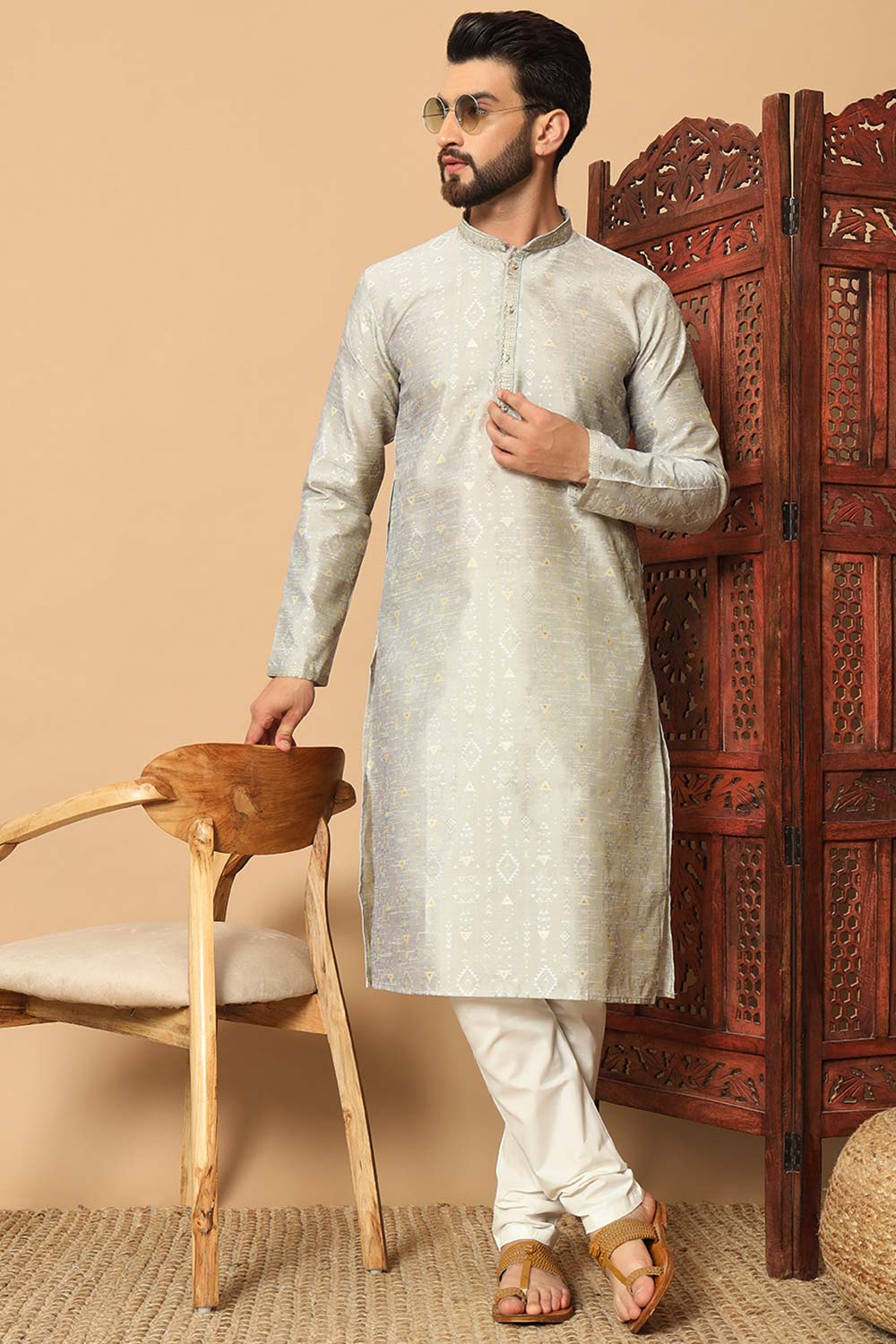 Men's Silver Silk Embroidered Kurta Pajama