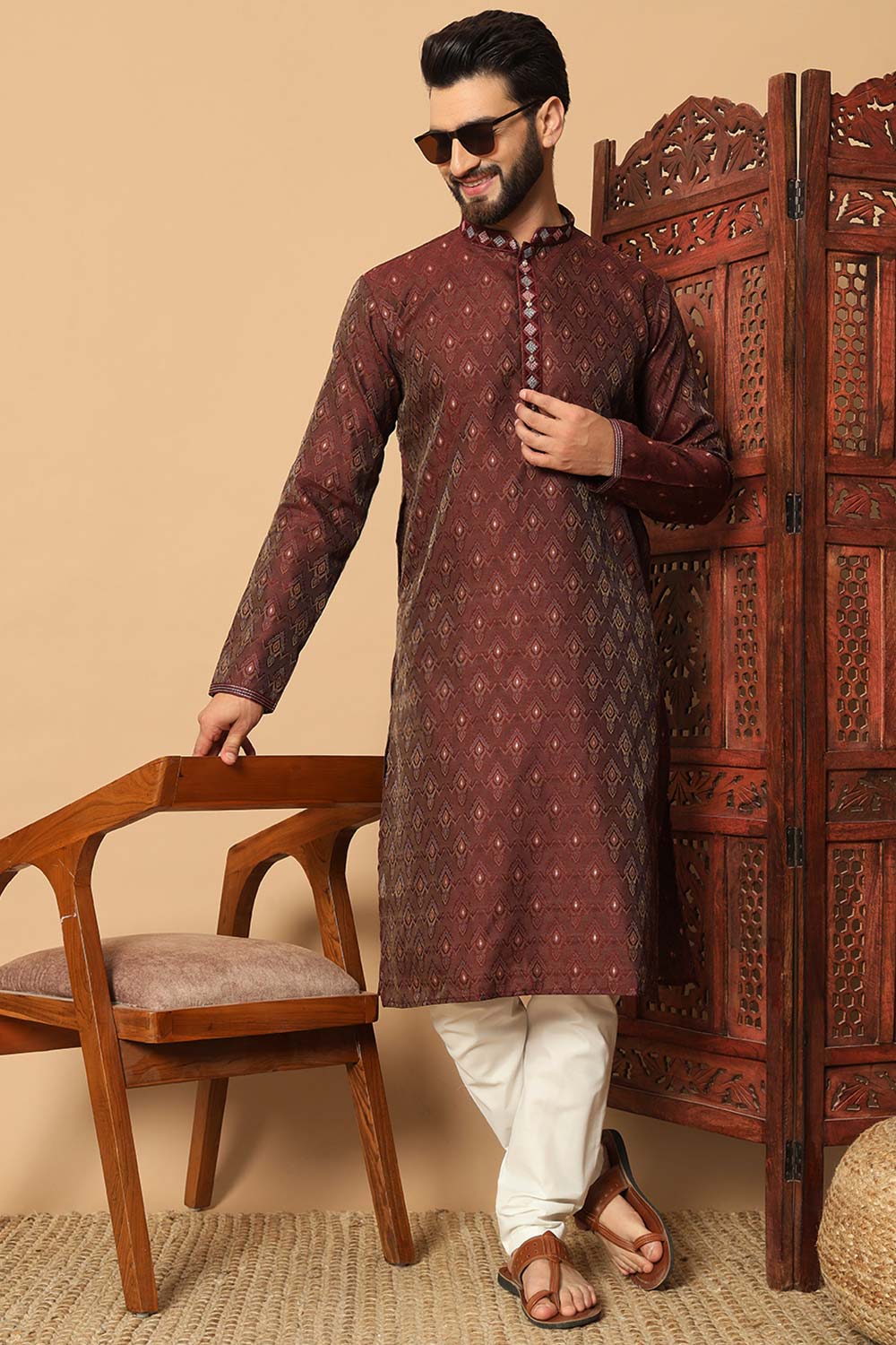 Red Jacquard Mirror and Pintex Work Men's Kurta Pajama