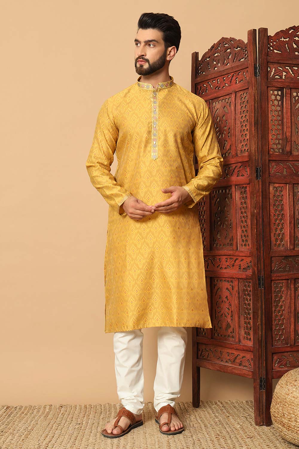 Yellow Jacquard Mirror and Pintex Work Men's Kurta Pajama