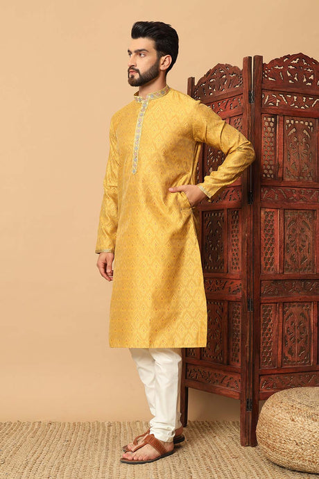 Yellow Jacquard Mirror and Pintex Work Men's Kurta Pajama