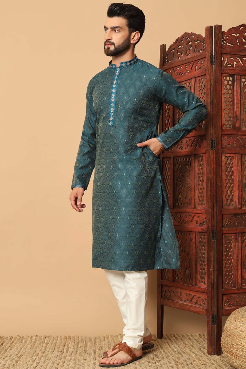 Light Green Jacquard Mirror and Pintex Work Men's Kurta Pajama