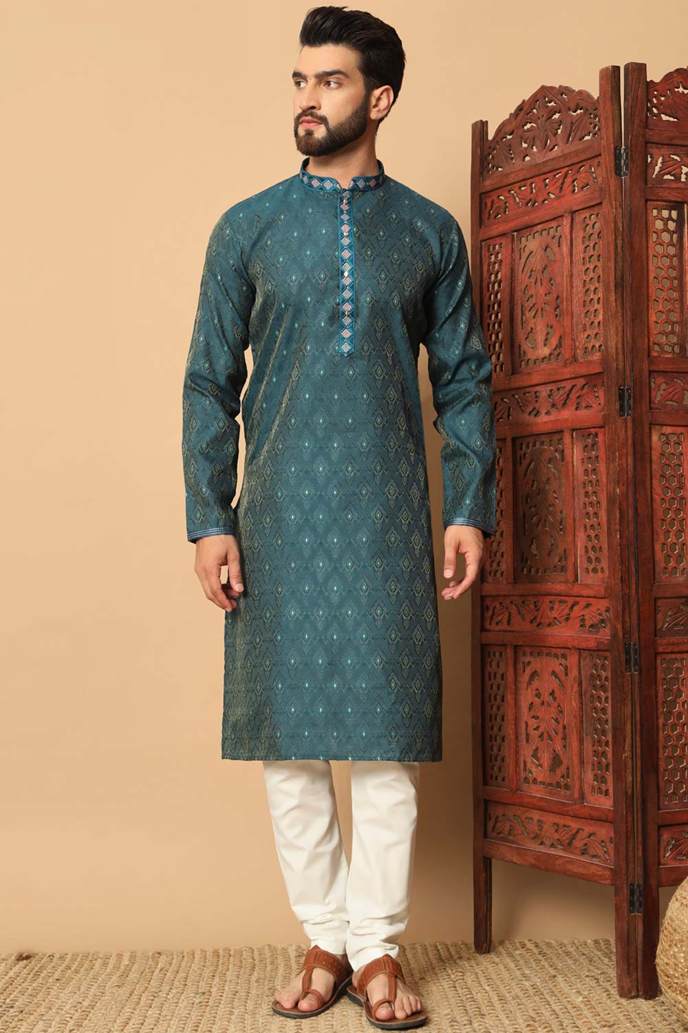 Light Green Jacquard Mirror and Pintex Work Men's Kurta Pajama