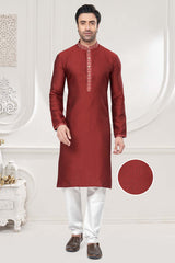 Red Jacquard Mirror and Pintex Work Men's Kurta Pajama