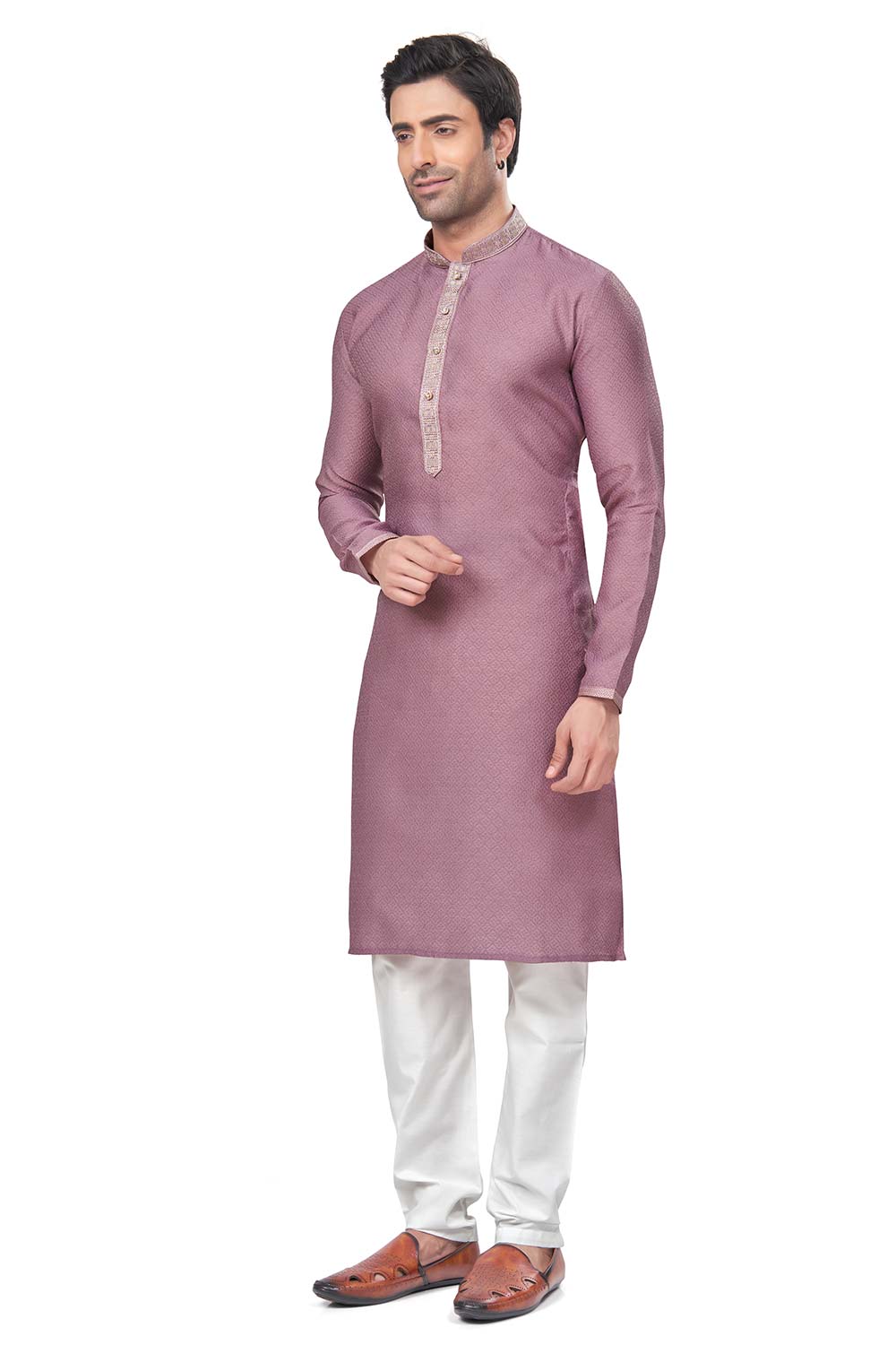 Peach Jacquard Mirror and Pintex Work Men's Kurta Pajama