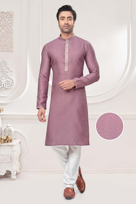 Peach Jacquard Mirror and Pintex Work Men's Kurta Pajama