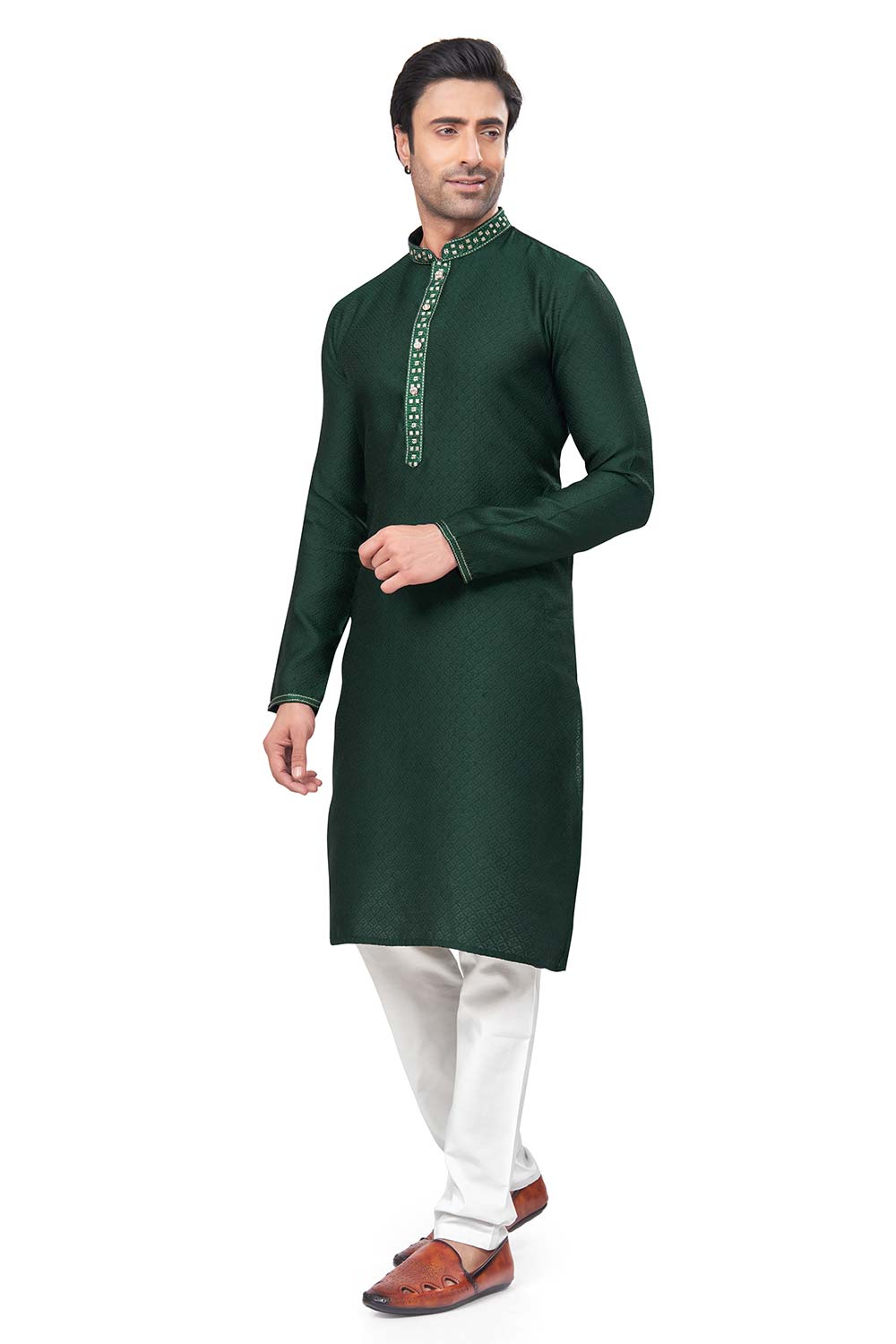 Green Jacquard Mirror and Pintex Work Men's Kurta Pajama